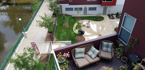 View of patio deck from above at River Gate South Apartments in Plymouth Indiana
